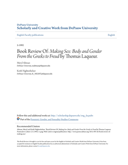 Book Review Of: <Em>Making Sex: Body and Gender from the Greeks