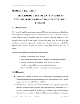 Lecture 3 Types, Biology and Salient Features of Vectors in Recombinant