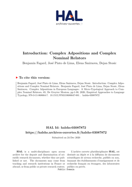 Introduction: Complex Adpositions and Complex Nominal Relators Benjamin Fagard, José Pinto De Lima, Elena Smirnova, Dejan Stosic