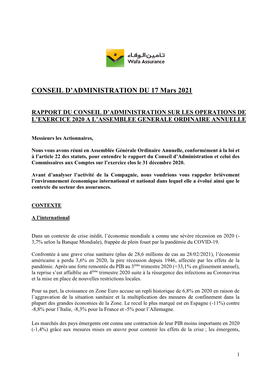 CONSEIL D'administration DU 17 Mars 2021