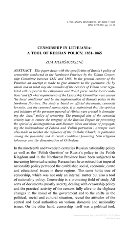 Censorship in Lithuania: a Tool of Russian Policy; 1831–1865
