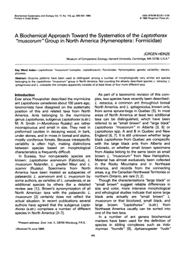 A Biochemical Approach Toward the Systematics of the Leptothorax "Muscorum" Group in North America (Hymenoptera" Formicidae)