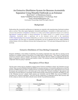 An Extractive Distillation System for Benzene-Acetonitrile Separation Using Dimethyl Sulfoxide As an Entrainer Bloch Sohil Y