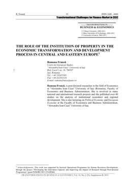 The Role of the Institution of Property in the Economic Transformation and Development Process in Central and Eastern Europe1