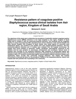 Resistance Pattern of Coagulase Positive Staphylococcus Aureus Clinical Isolates from Asir Region, Kingdom of Saudi Arabia