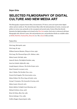 Selected Filmography of Digital Culture and New Media Art