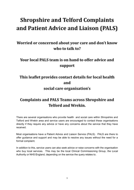 Shropshire and Telford Complaints and Patient Advice and Liaison (PALS)