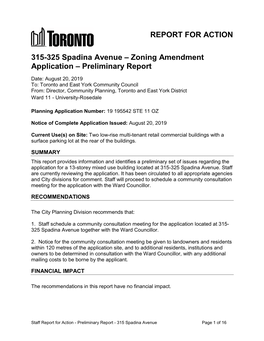 315-325 Spadina Avenue – Zoning Amendment Application – Preliminary Report