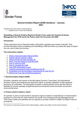 General Aviation Report (GAR) Guidance – January 2021