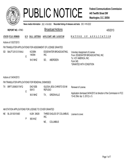 Broadcast Actions 4/9/2013