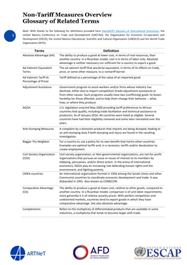 Non-Tariff Measures Overview Glossary of Related Terms