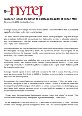 Macerich Leases 56,000 S/F to Saratoga Hospital at Wilton Mall November 05, 2019 - Upstate New York