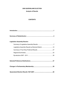 2009 QUEENSLAND ELECTION Analysis of Results