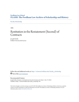 Restitution in the Restatement (Second) of Contracts Joseph Perillo Fordham University School of Law