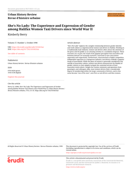 The Experience and Expression of Gender Among Halifax Women Taxi Drivers Since World War II Kimberly Berry