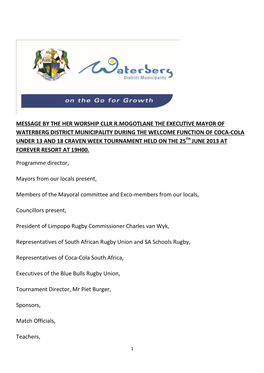 Message by the Her Worship Cllr R.Mogotlane The