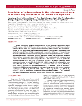 Association of Polymorphisms in the Telomere-Related Gene ACYP2 with Lung Cancer Risk in the Chinese Han Population