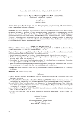 A New Species of Ragadia Westwood [1851] from N.W. Yunnan, China (Lepidoptera, Nymphalidae, Satyrinae) by Song-Yun Lang Received 22.V.2017