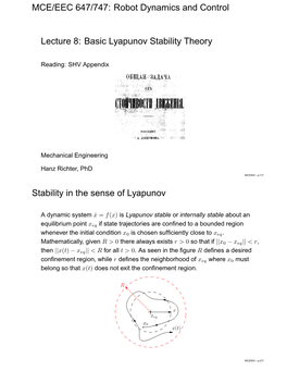 Robot Dynamics and Control Lecture 8: Basic Lyapunov Stability Theory