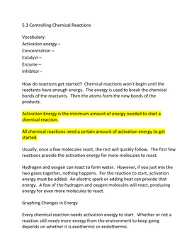 5.3 Controlling Chemical Reactions Vocabulary: Activation Energy