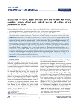 Evaluation of Taste, Total Phenols and Antioxidant for Fresh, Roasted, Shade Dried and Boiled Leaves of Edible Arum Palaestinum Bioss