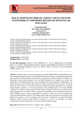 Halal Kopitiam Choices Among Young Muslim Consumers in Northern Region of Peninsular Malaysia