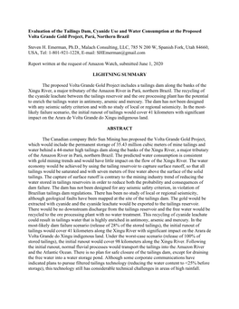 Evaluation of the Tailings Dam, Cyanide Use and Water Consumption at the Proposed Volta Grande Gold Project, Pará, Northern Brazil