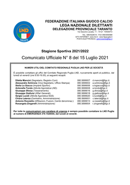 Comunicato Ufficiale N° 8 Del 15 Luglio 2021