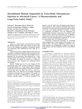 Recombinant Human Angiostatin by Twice-Daily Subcutaneous Injection in Advanced Cancer: a Pharmacokinetic and Long-Term Safety Study1