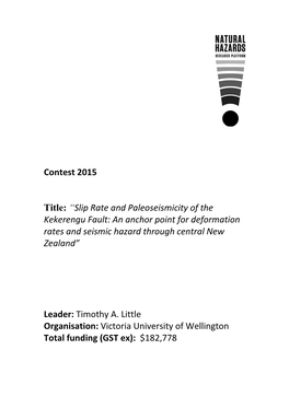 Contest 2015 Title: “Slip Rate and Paleoseismicity of the Kekerengu Fault: an Anchor Point for Deformation Rates and Seismic H