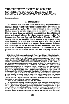 THE PROPERTY RIGHTS of SPOUSES COHABITING WITHOUT MARRIAGE in ISRAEL-A COMPARATIVE COMMENTARY Menashe Shava*