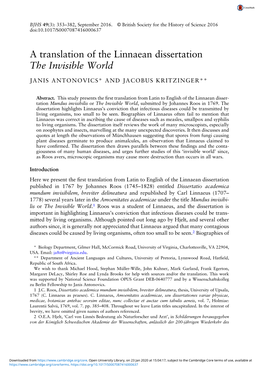 A Translation of the Linnaean Dissertation the Invisible World