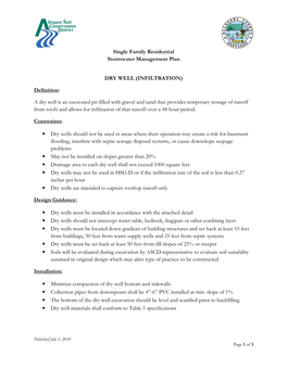 Single Family Residential Stormwater Management Plan Dry Well (Infiltration) Construction Inspections