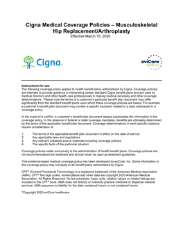 Hip Replacement/Arthroplasty Effective March 15, 2020