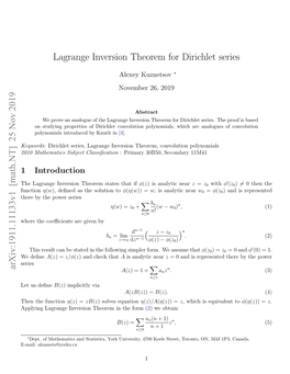 Lagrange Inversion Theorem for Dirichlet Series Arxiv:1911.11133V1