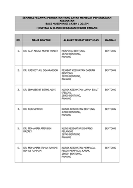 Senarai Pegawai Perubatan Yang Layak Membuat Pemeriksaan Kesihatan Bagi Musim Haji 1438H / 2017M Hospital & Klinik Kerajaan Negeri Pahang