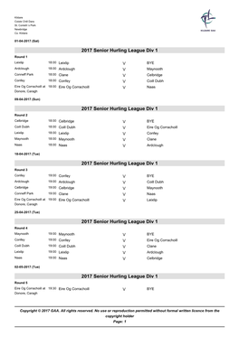 2017 Senior Hurling Div. 1