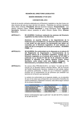 Acta De La Reunión Ordinaria Celebrada Por El Directorio Legislativo a Las Diez Horas Con Diez Minutos Del Seis De Mayo Del Dos Mil Catorce