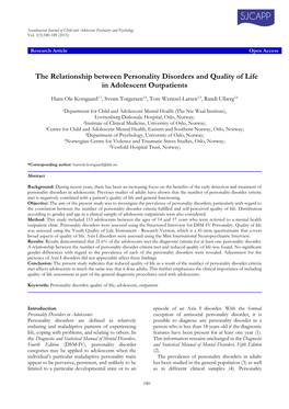 The Relationship Between Personality Disorders and Quality of Life in Adolescent Outpatients