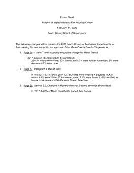 Errata Sheet Analysis of Impediments to Fair Housing Choice February 11