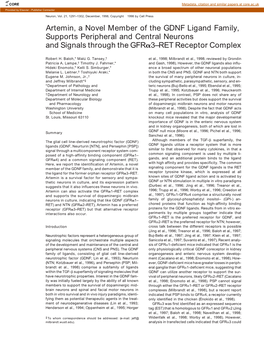 Artemin, a Novel Member of the GDNF Ligand Family, Supports Peripheral and Central Neurons and Signals Through the GFR␣3–RET Receptor Complex