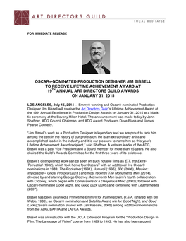 Oscar®-Nominated Production Designer Jim Bissell to Receive Lifetime Achievement Award at 19Th Annual Art Directors Guild Awards on January 31, 2015