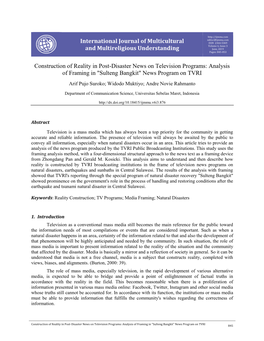 International Journal of Multicultural and Multireligious Understanding Construction of Reality in Post-Disaster News on Televis