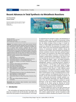 Recent Advances in Total Synthesis Via Metathesis Reactions