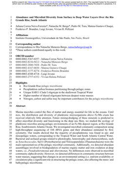 Abundance and Microbial Diversity from Surface to Deep Water Layers Over the Rio 2 Grande Rise, South Atlantic 3 4 Juliana Correa Neiva Ferreira*, Natascha M