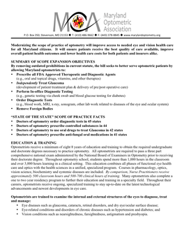 Modernizing the Scope of Practice of Optometry Will Improve Access to Needed Eye and Vision Health Care for All Maryland Citizens