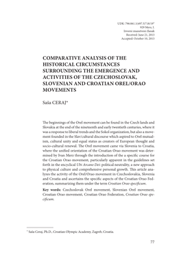 Comparative Analysis of the Historical Circumstances Surrounding the Emergence and Activities of the Czechoslovak, Slovenian and Croatian Orel/Orao Movements