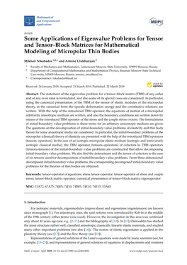 Some Applications of Eigenvalue Problems for Tensor and Tensor–Block Matrices for Mathematical Modeling of Micropolar Thin Bodies