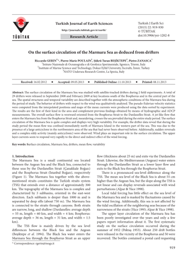 On the Surface Circulation of the Marmara Sea As Deduced from Drifters