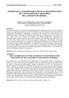 Apports De La Geophysique Pour La Determination De L'extension Des Aquiferes De La Region De Biskra